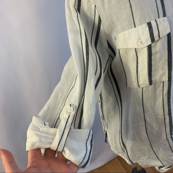 Harper Top Tie Front Button Down Linen Striped Blouse Women's L Large Spring - Picture 2 of 5